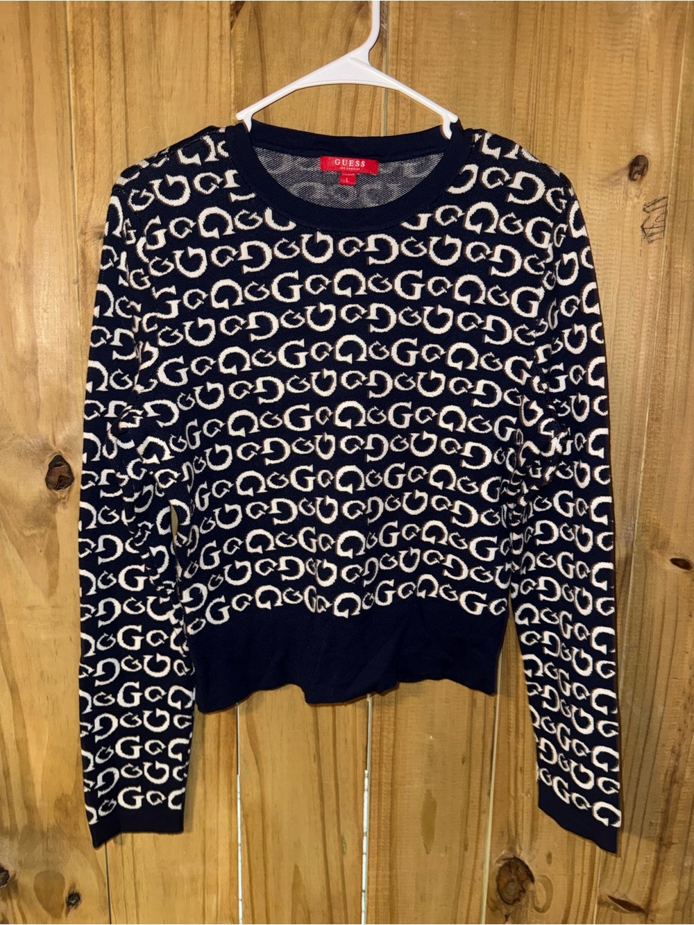 Guess Navy Crewneck Sweater with Cream Logo Motif